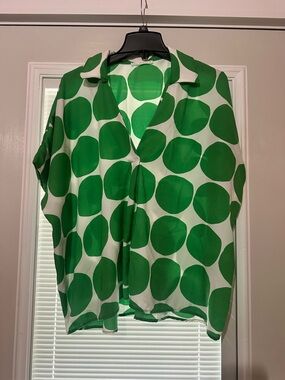 Ces Femme White Blouse with Green Polka Dots
